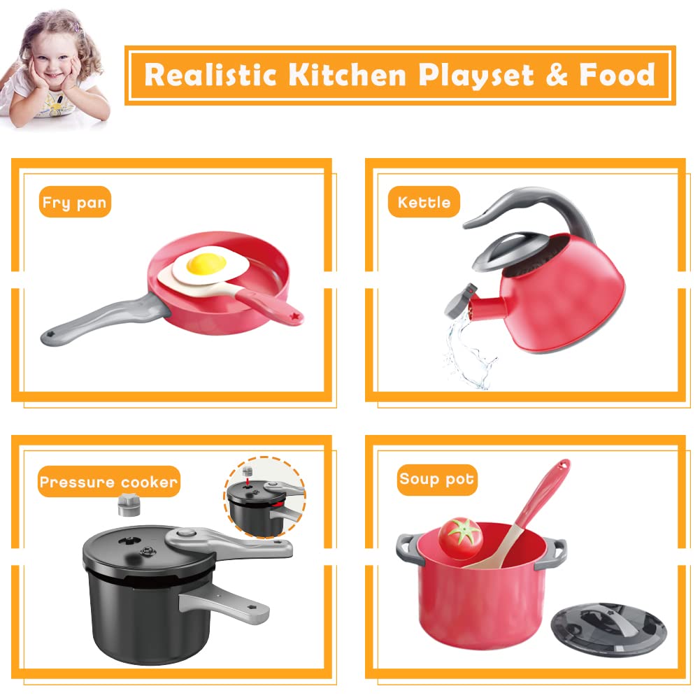 Bruvoalon 32-Piece Kids Play Kitchen Set – Realistic Pretend Cooking Toys (Red)