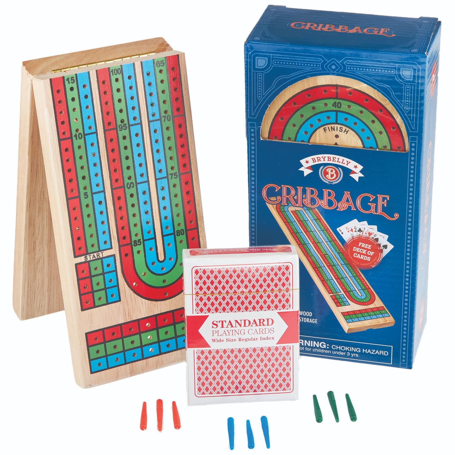 Brybelly Cribbage Board Game Set — Traditional Wooden Board, 3-Track Layout, Cards Included, Portable Folding Case