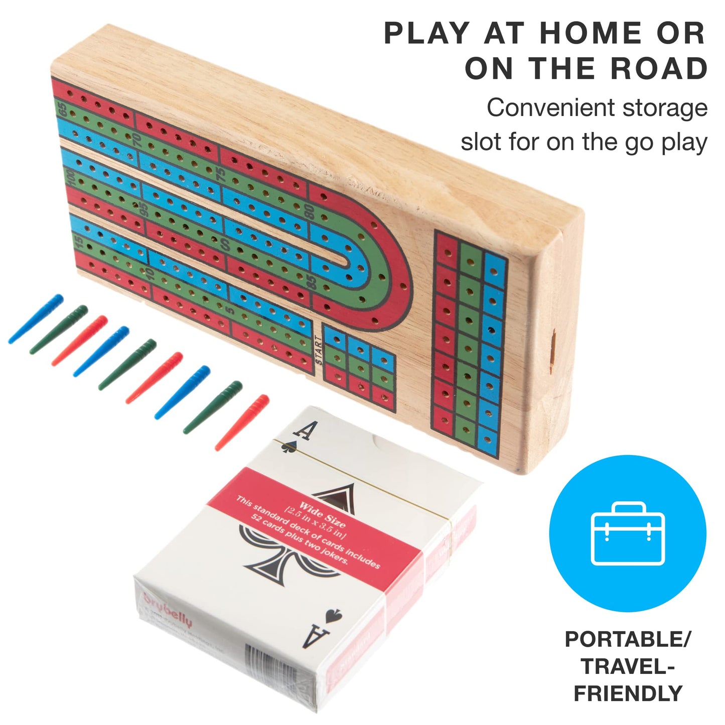 Brybelly Cribbage Board Game Set — Traditional Wooden Board, 3-Track Layout, Cards Included, Portable Folding Case