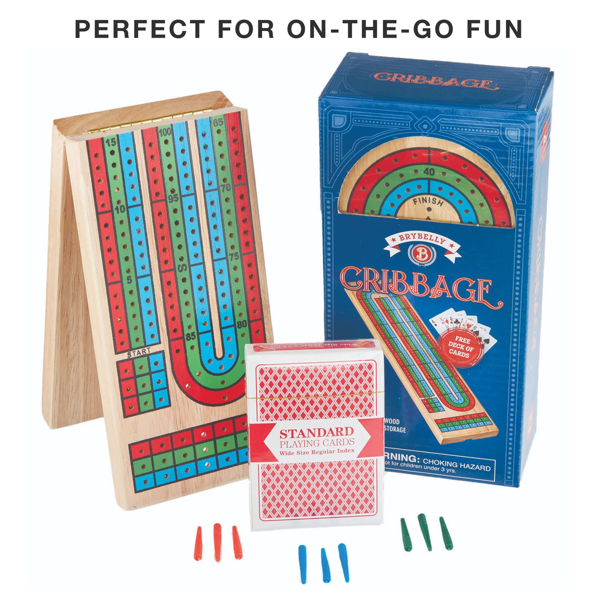 Brybelly Cribbage Board Game Set — Traditional Wooden Board, 3-Track Layout, Cards Included, Portable Folding Case