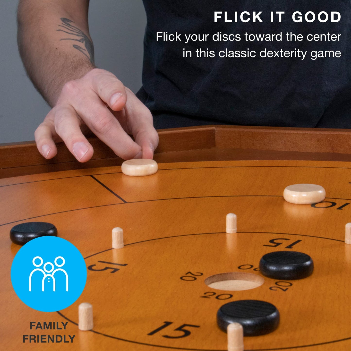Brybelly Tournament Crokinole & Checkers | 30-Inch Wooden Board + 24 Discs | Two-Player Dexterity Game