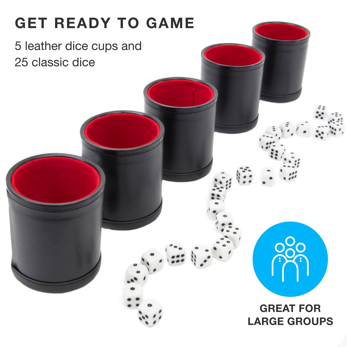 Brybelly Dice Set with Shaker Cup - Leather Cups, 25 Dice for Family Games