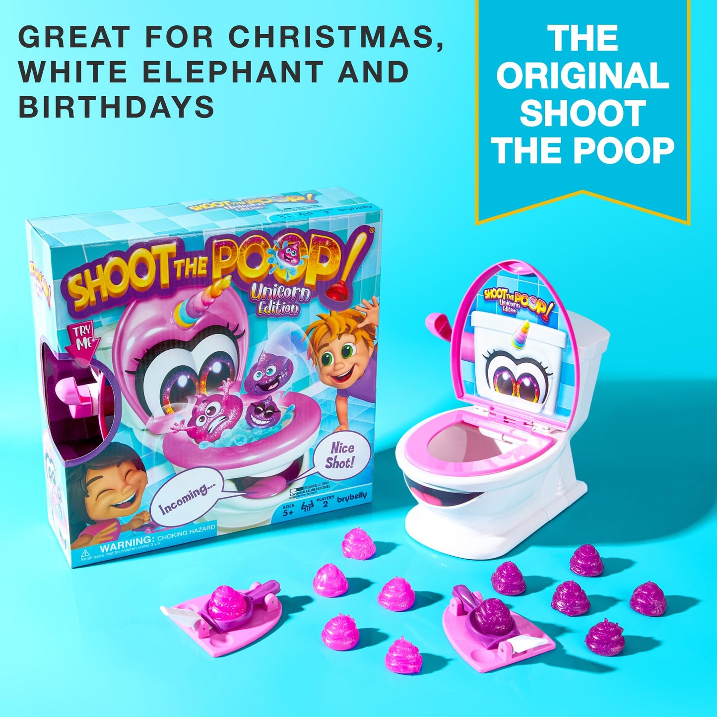 Brybelly Shoot The Poop Unicorn Edition — Glitter Poops, Talking Toilet, Family-Friendly Party Game