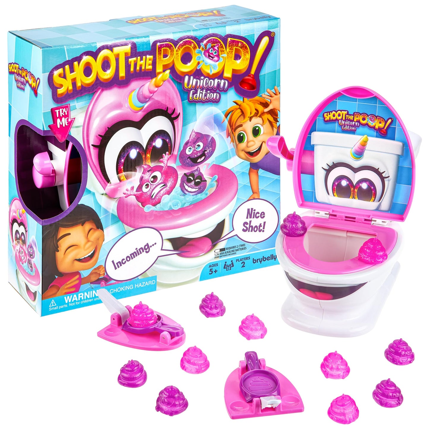 Brybelly Shoot The Poop Unicorn Edition — Glitter Poops, Talking Toilet, Family-Friendly Party Game