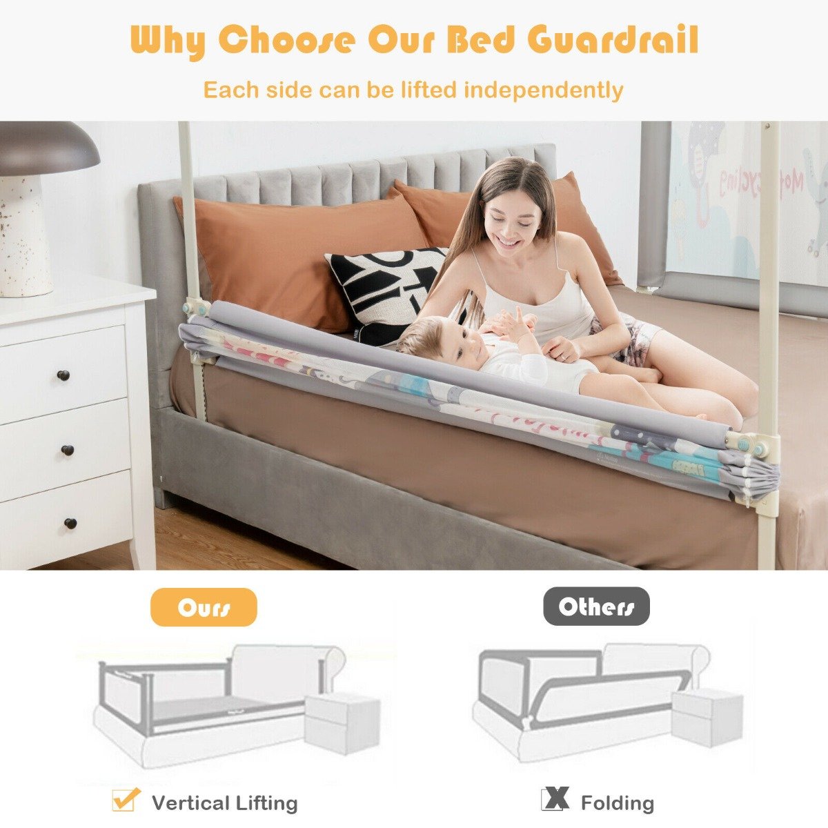 175CM Baby Bed Rail Guard with Double Safety Lock and Adjustable Height-Dark Grey