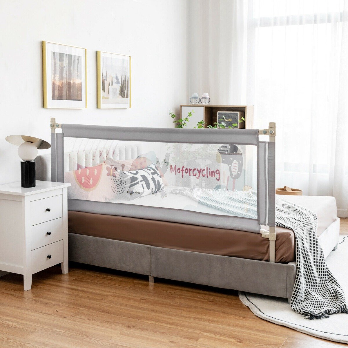 175CM Baby Bed Rail Guard with Double Safety Lock and Adjustable Height-Dark Grey