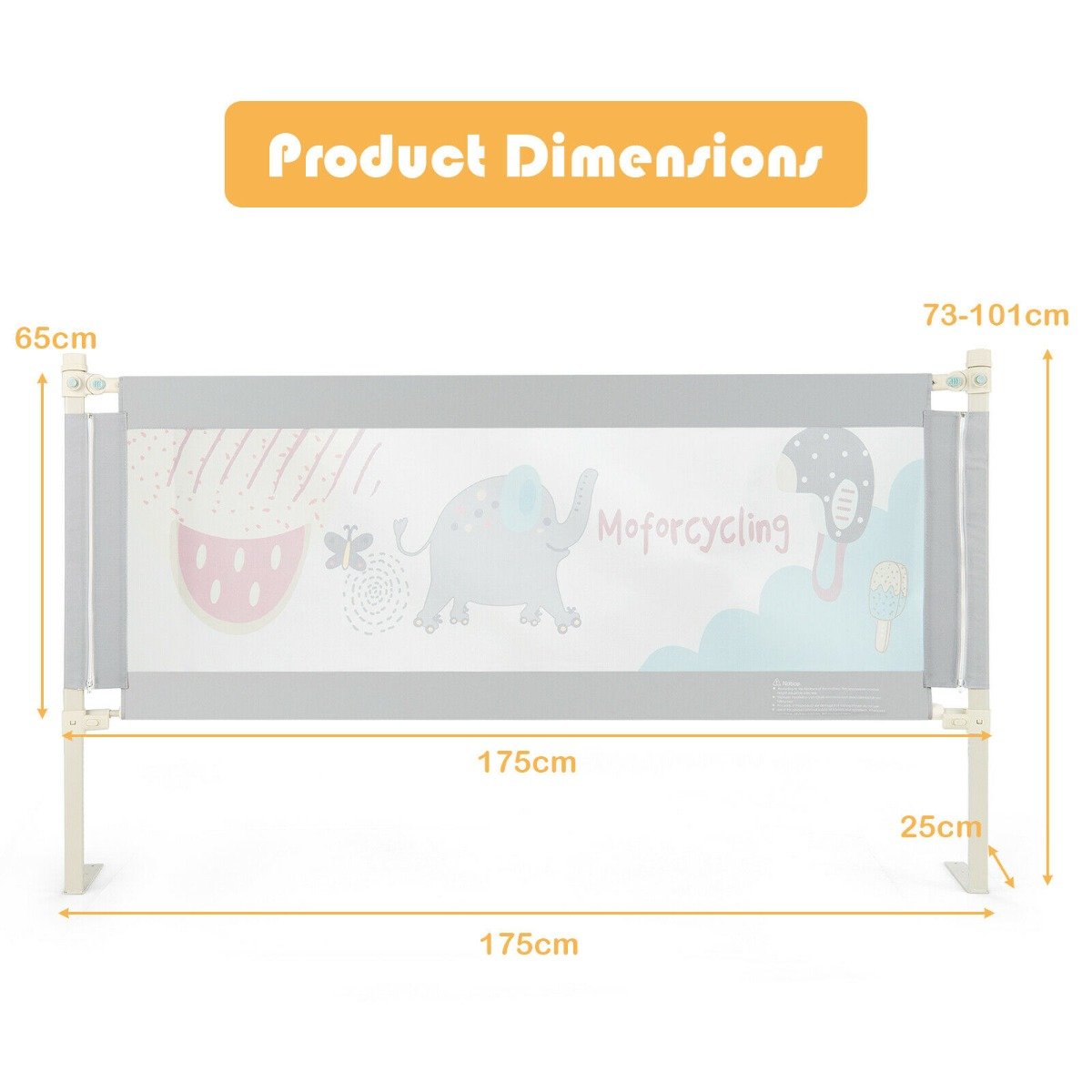 175CM Baby Bed Rail Guard with Double Safety Lock and Adjustable Height-Dark Grey