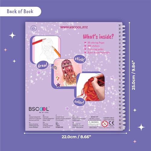 BSCOOL Drawing, Coloring & Fashion Design Book for Kids 5+ | Hairstyles with Stickers and Sketches