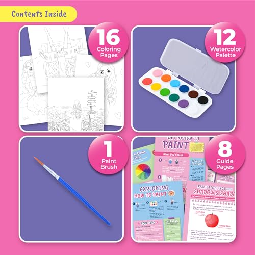 BSCOOL Water Coloring Book for Beginners – Kids Painting Kit 5+ with 12 Palettes & 15 Pre-Drawn Models
