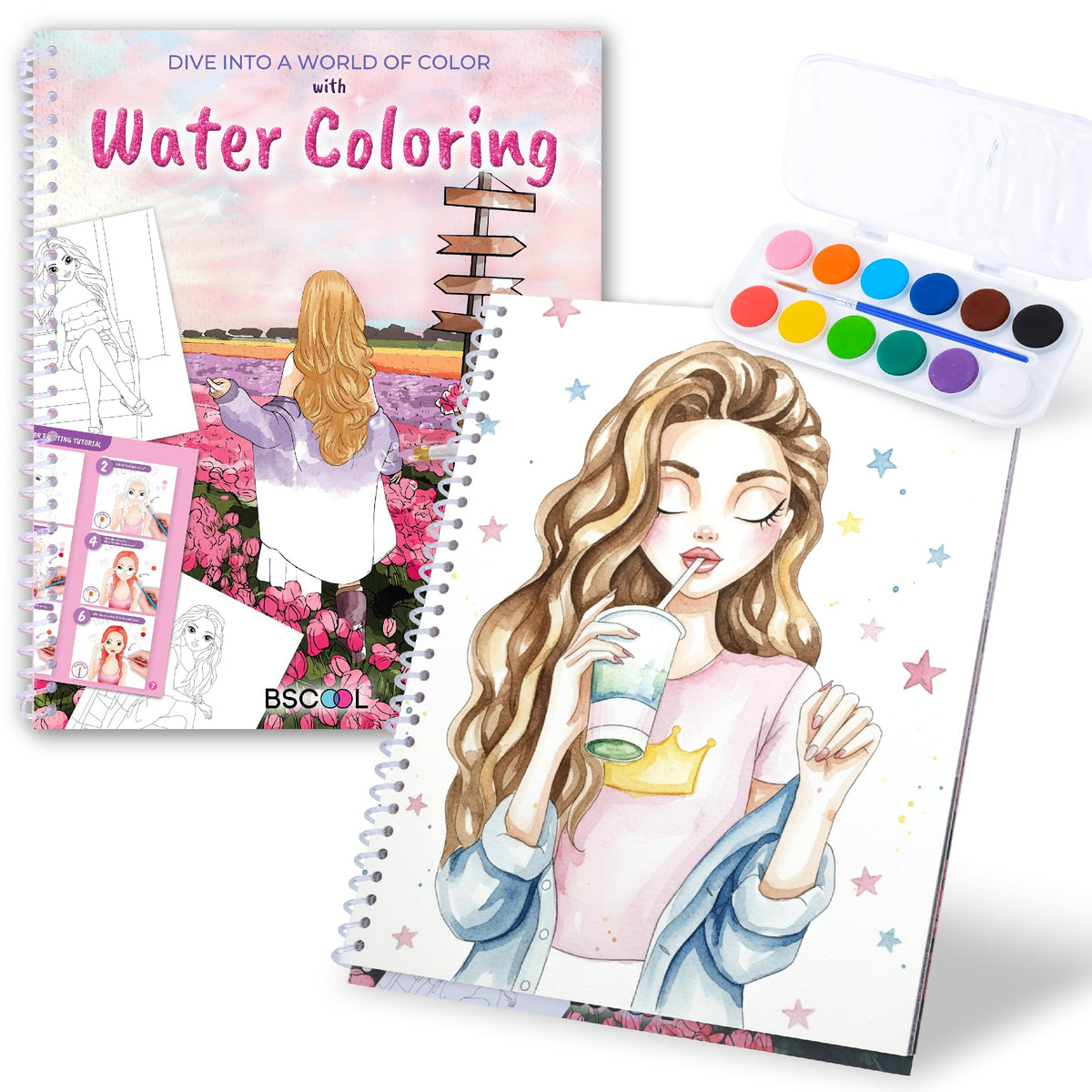 BSCOOL Water Coloring Book for Beginners – Kids Painting Kit 5+ with 12 Palettes & 15 Pre-Drawn Models