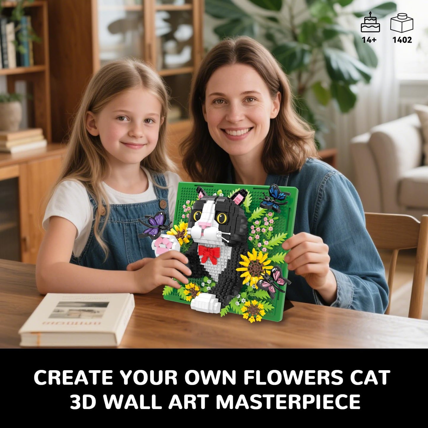 BseSparklion Flowers Tuxedo Cat 3D Wall Art – 1402-Piece Micro Block Set