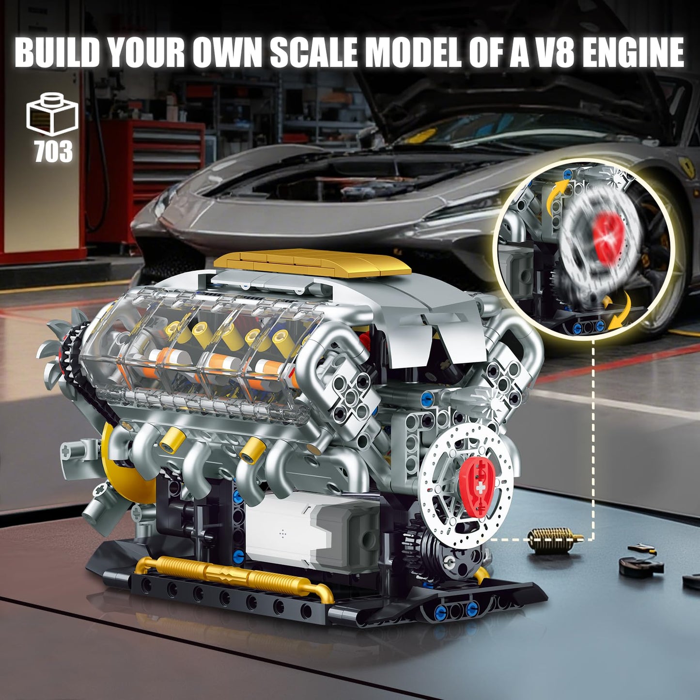 BseSparklion V8 Engine Model Kit – Build Your Own Visible Mini Car Motor (703 PCS)