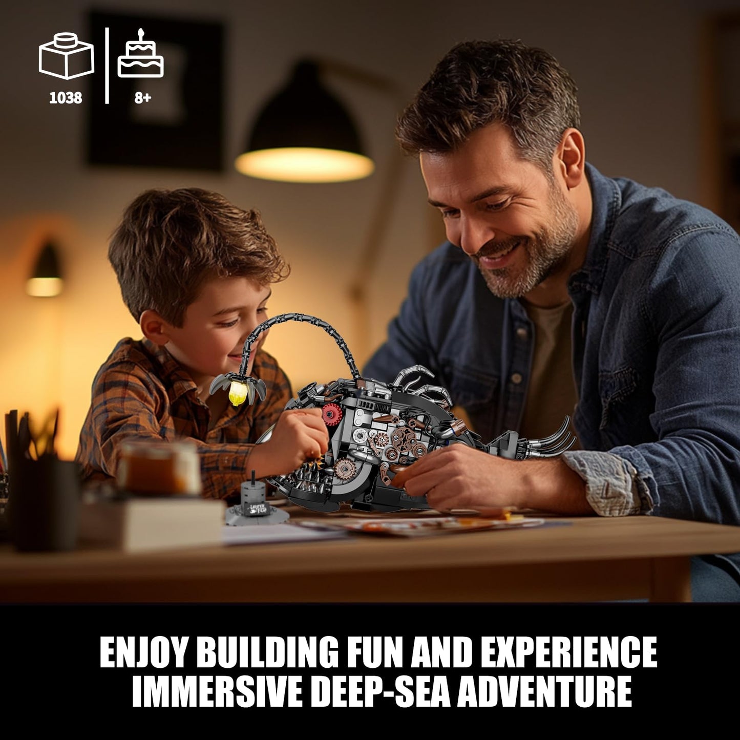 BseSparklion Mechanical Angler Fish Building Set with Light – 1038 PCS, LEGO Shark Compatible, STEM Gift