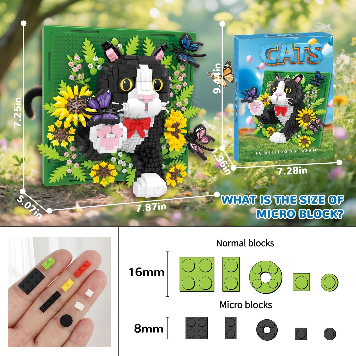 BseSparklion Flowers Tuxedo Cat 3D Wall Art – 1402-Piece Micro Block Set