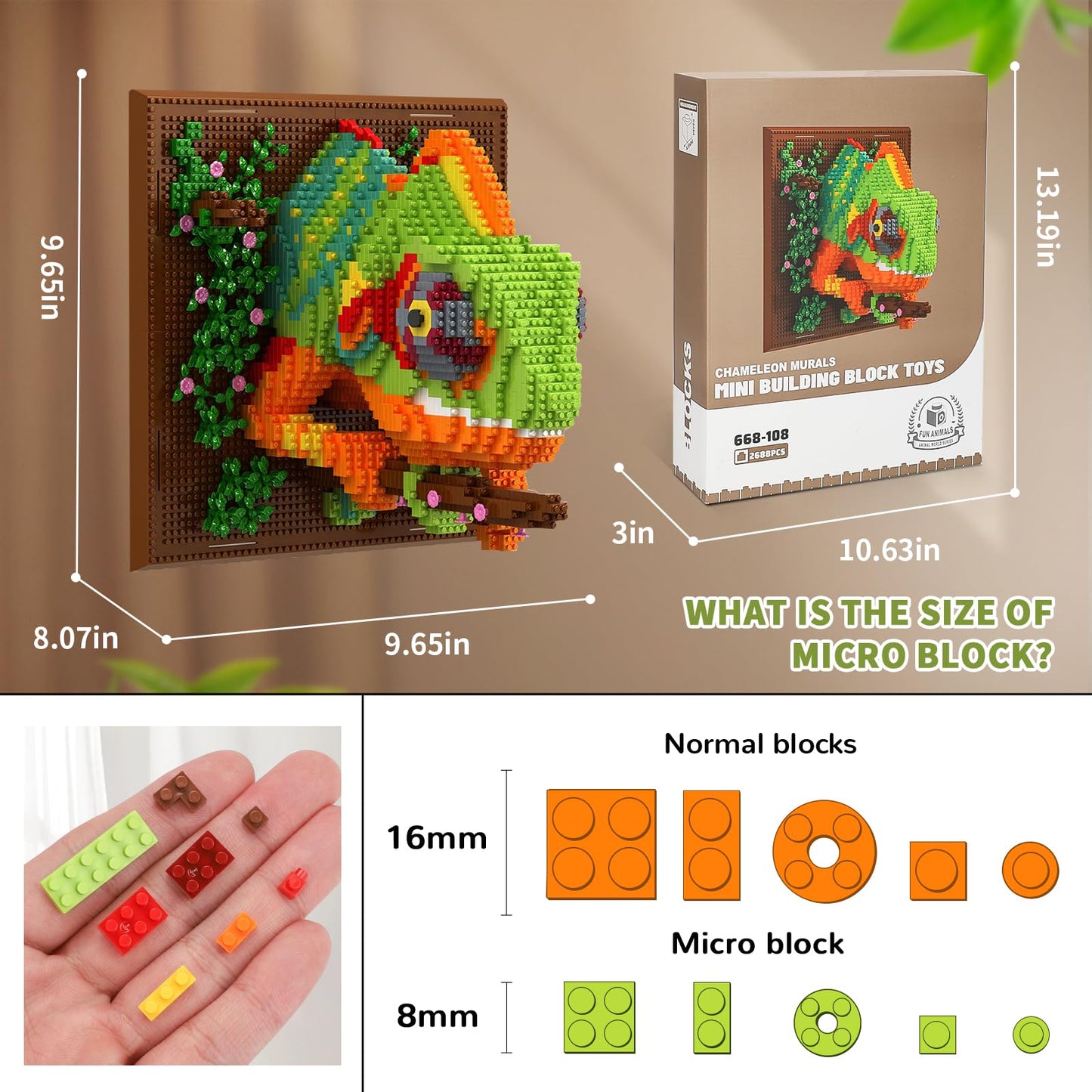 BseSparklion Chameleon 3D Wall Art – 2688 Micro Blocks, No Lego Compatibility, Home Decor & Table Display