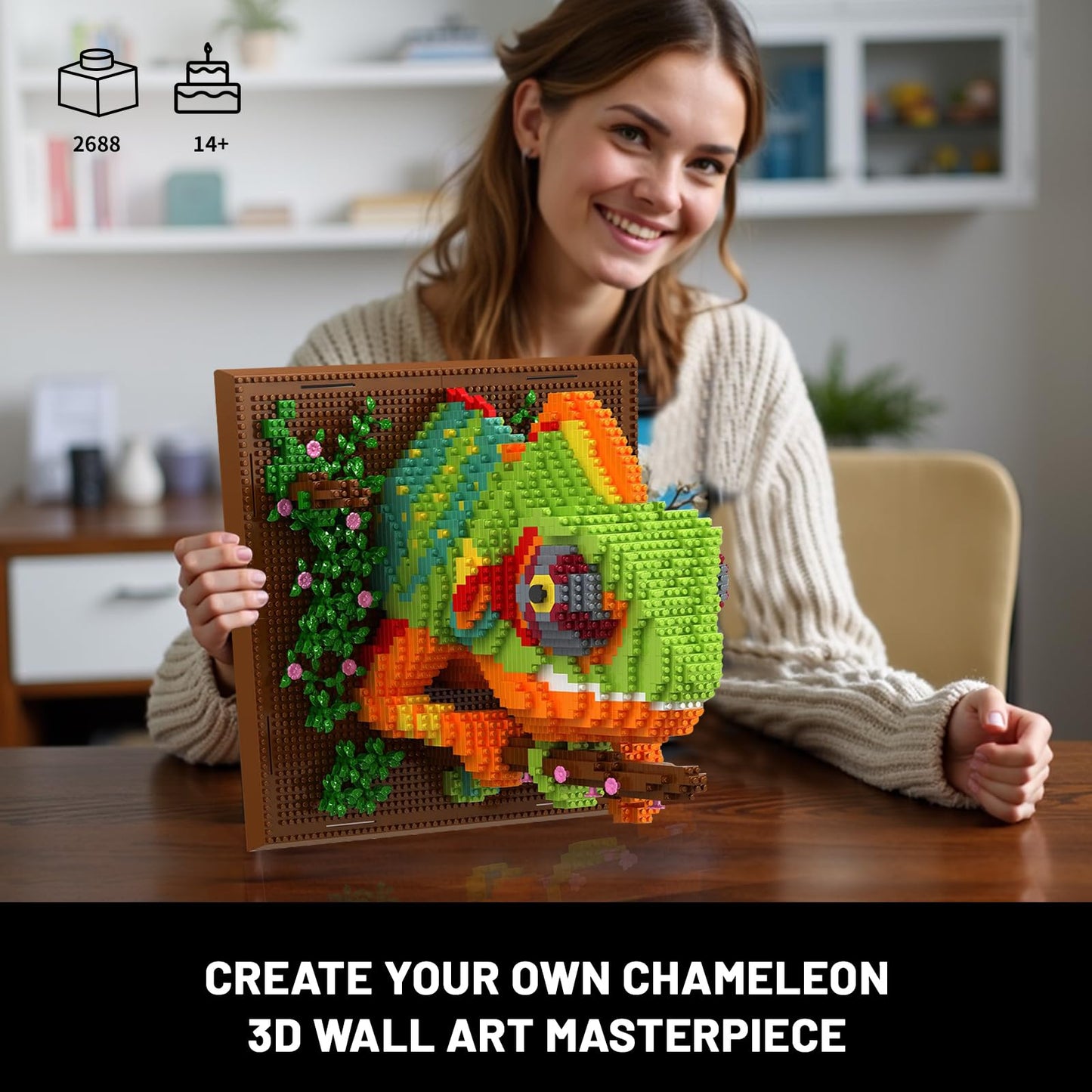 BseSparklion Chameleon 3D Wall Art – 2688 Micro Blocks, No Lego Compatibility, Home Decor & Table Display
