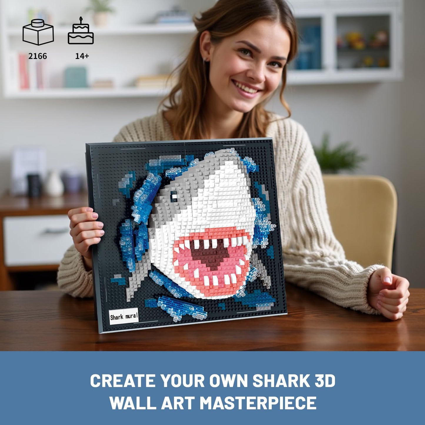 BseSparklion Shark 3D Wall Art – Micro Blocks (2166 PCS) Wall or Table Decor