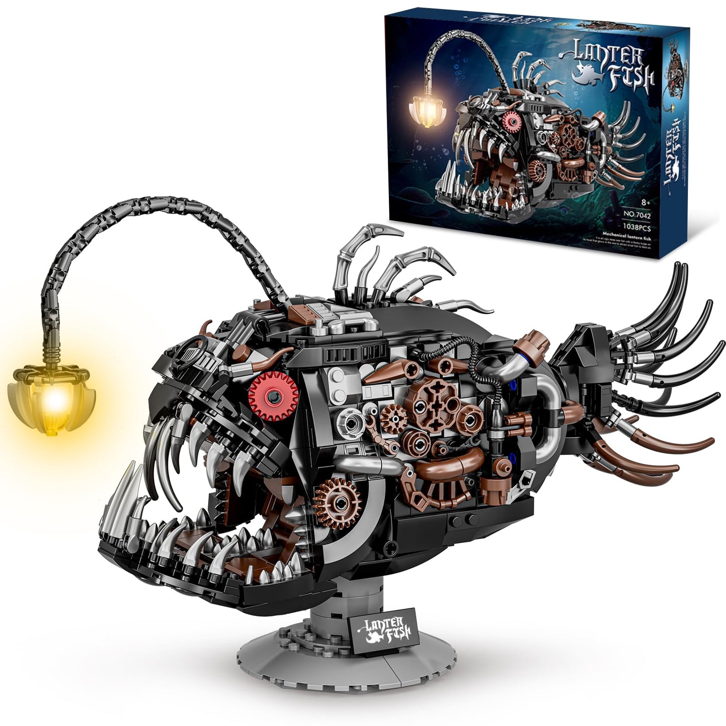 BseSparklion Mechanical Angler Fish Building Set with Light – 1038 PCS, LEGO Shark Compatible, STEM Gift
