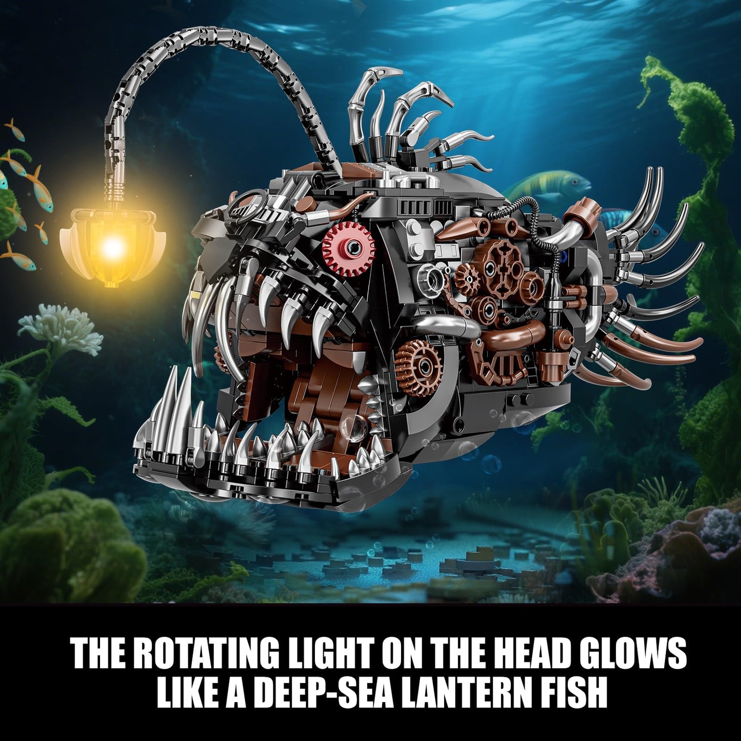 BseSparklion Mechanical Angler Fish Building Set with Light – 1038 PCS, LEGO Shark Compatible, STEM Gift