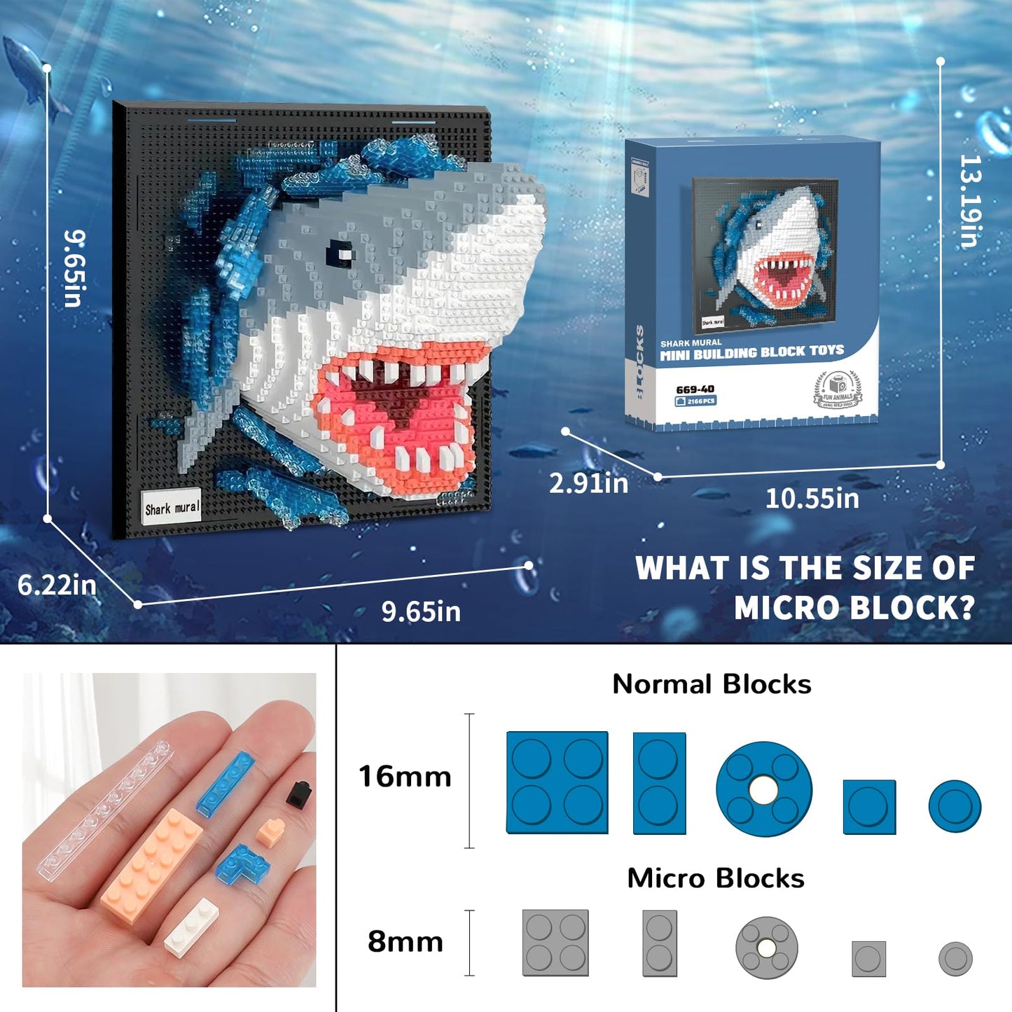 BseSparklion Shark 3D Wall Art – Micro Blocks (2166 PCS) Wall or Table Decor