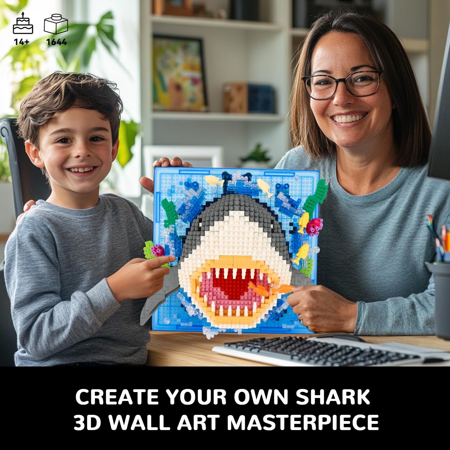 BseSparklion Shark 3D Wall Art — 1644 Pcs Micro Blocks, Wall or Table Decor