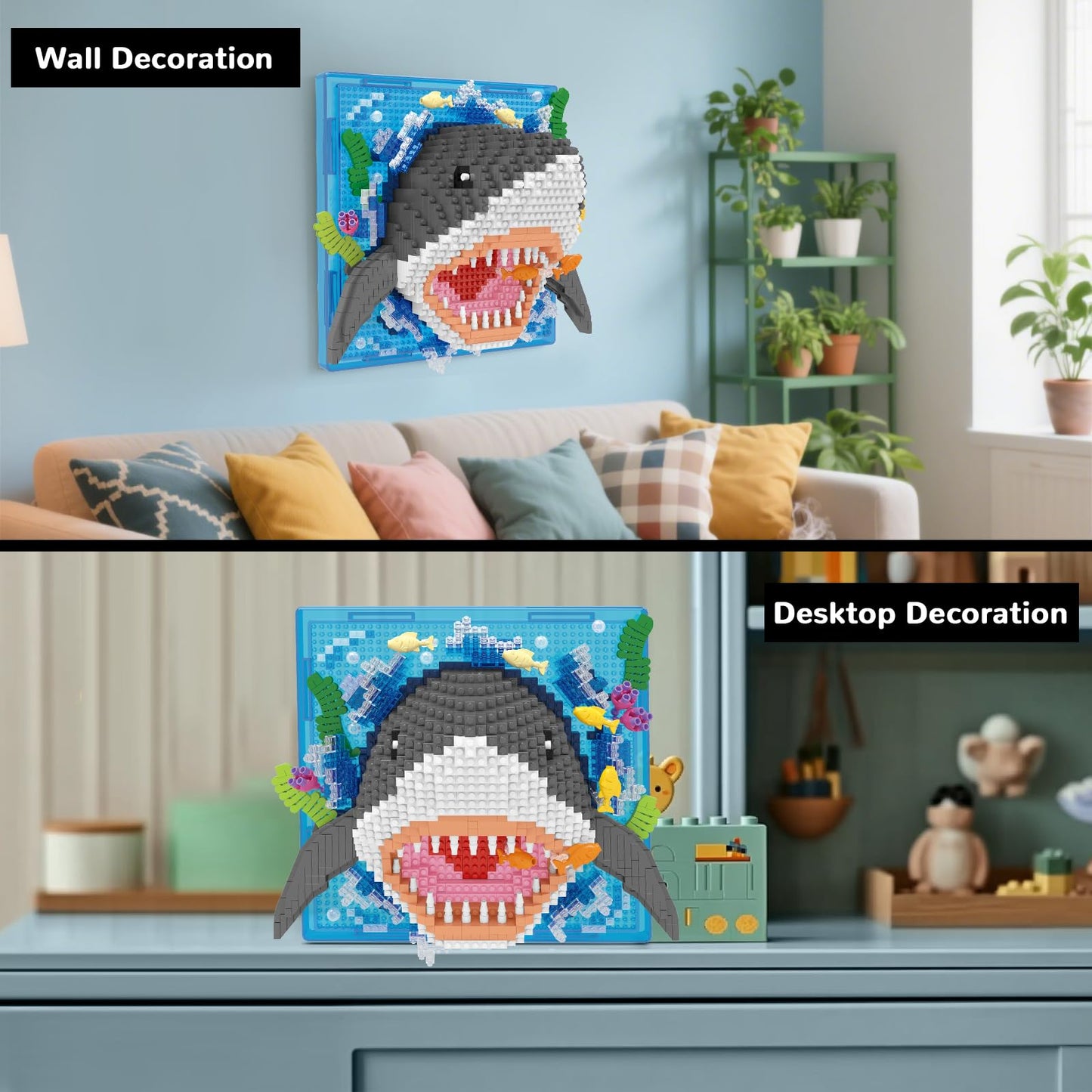 BseSparklion Shark 3D Wall Art — 1644 Pcs Micro Blocks, Wall or Table Decor