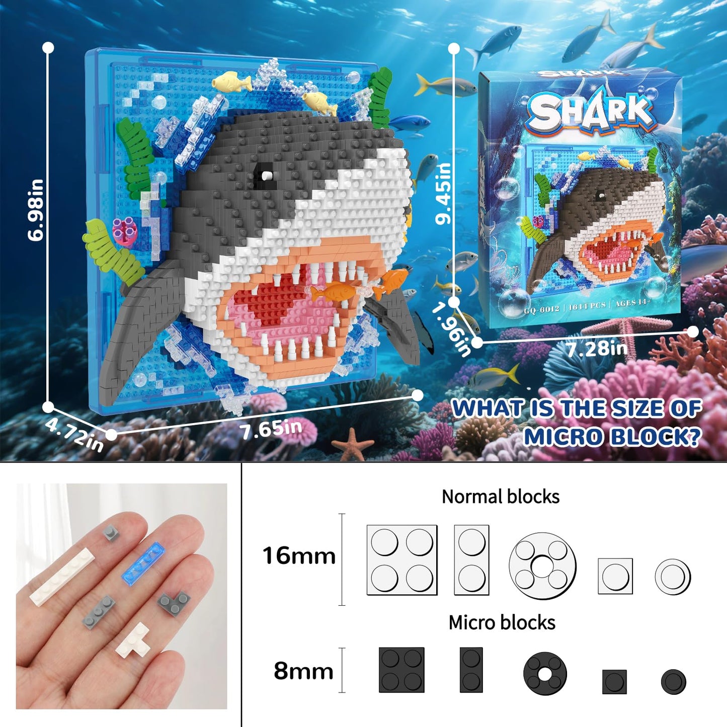 BseSparklion Shark 3D Wall Art — 1644 Pcs Micro Blocks, Wall or Table Decor