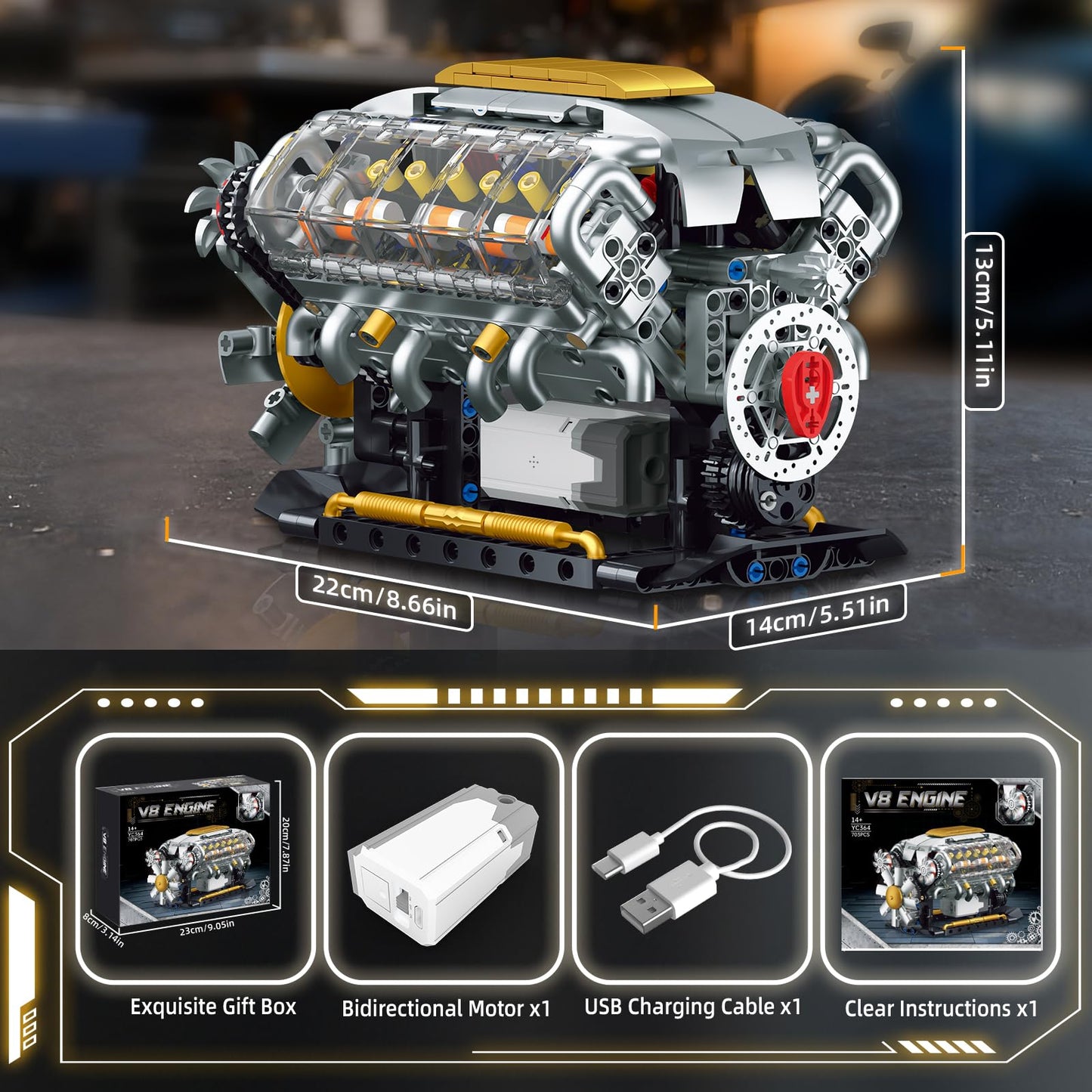 BseSparklion V8 Engine Model Kit – Build Your Own Visible Mini Car Motor (703 PCS)