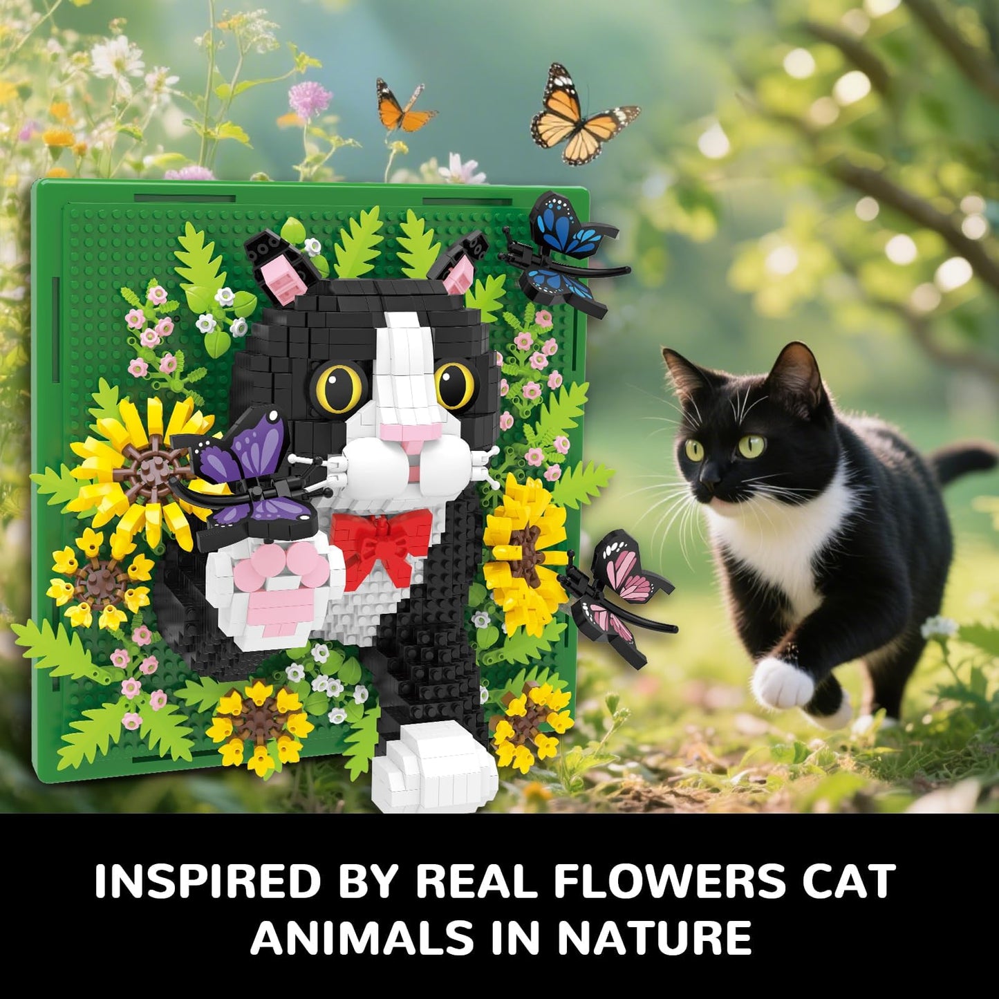 BseSparklion Flowers Tuxedo Cat 3D Wall Art – 1402-Piece Micro Block Set