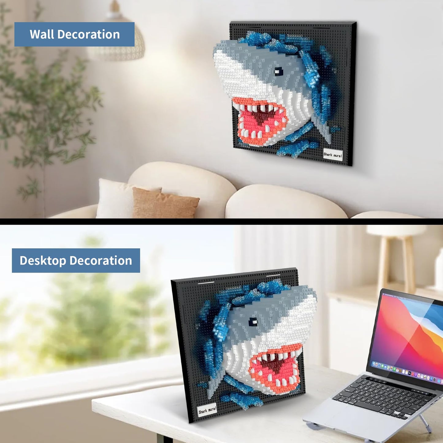 BseSparklion Shark 3D Wall Art – Micro Blocks (2166 PCS) Wall or Table Decor