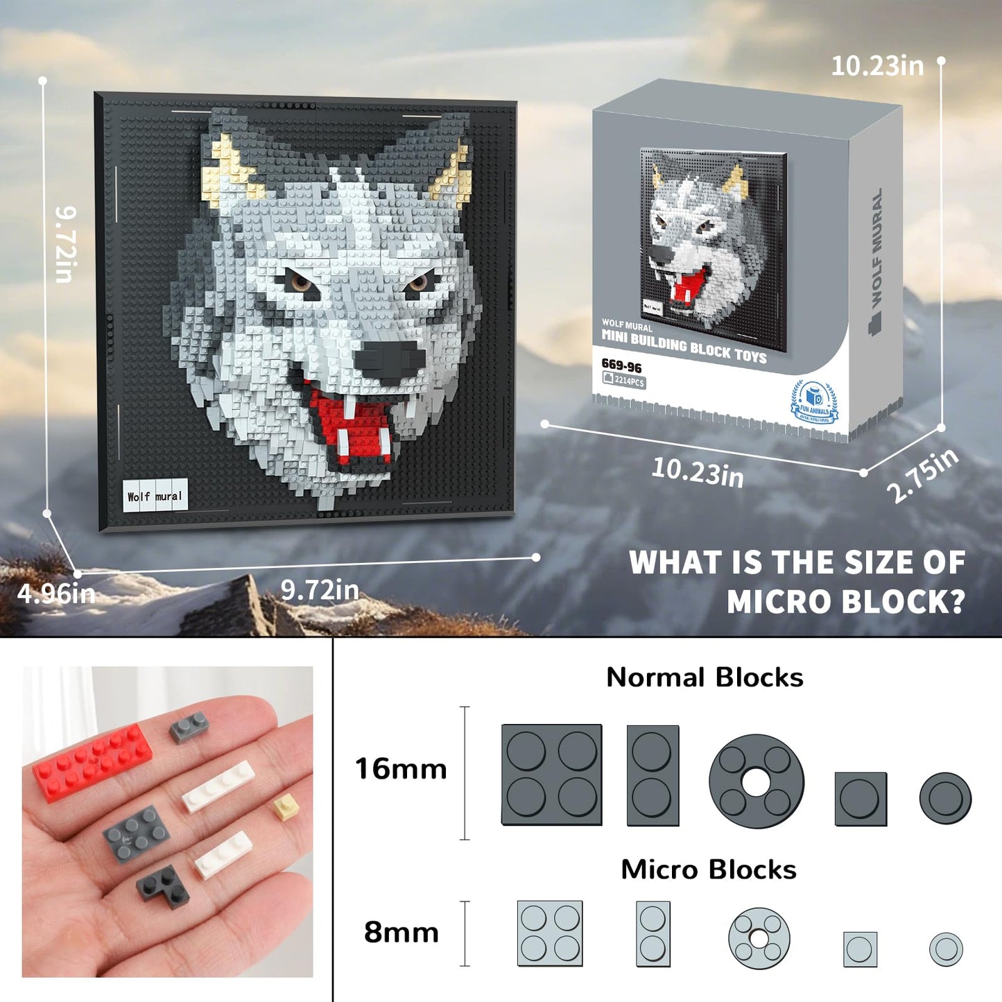 BseSparklion Wolf 3D Wall Art – 2214-Piece Micro Blocks Set for Adults | Dual Display Decor