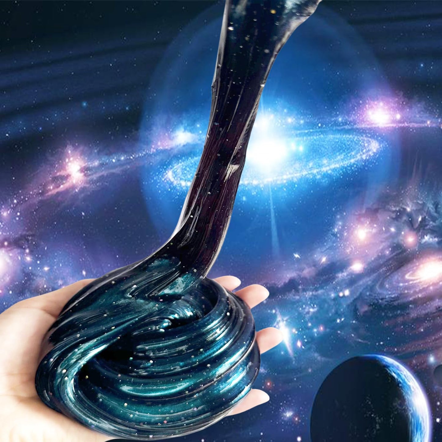 BSINHTIY Galaxy Glitter Slime Kit – Dark Blue Galaxy Slime with Spacecraft Charm