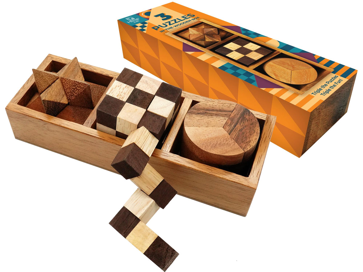 BSIRI 3 Puzzles in a Box – Wooden Brain Teasers for Adults, Seniors, Teens | 3D Mind Puzzles, Gift & Decor