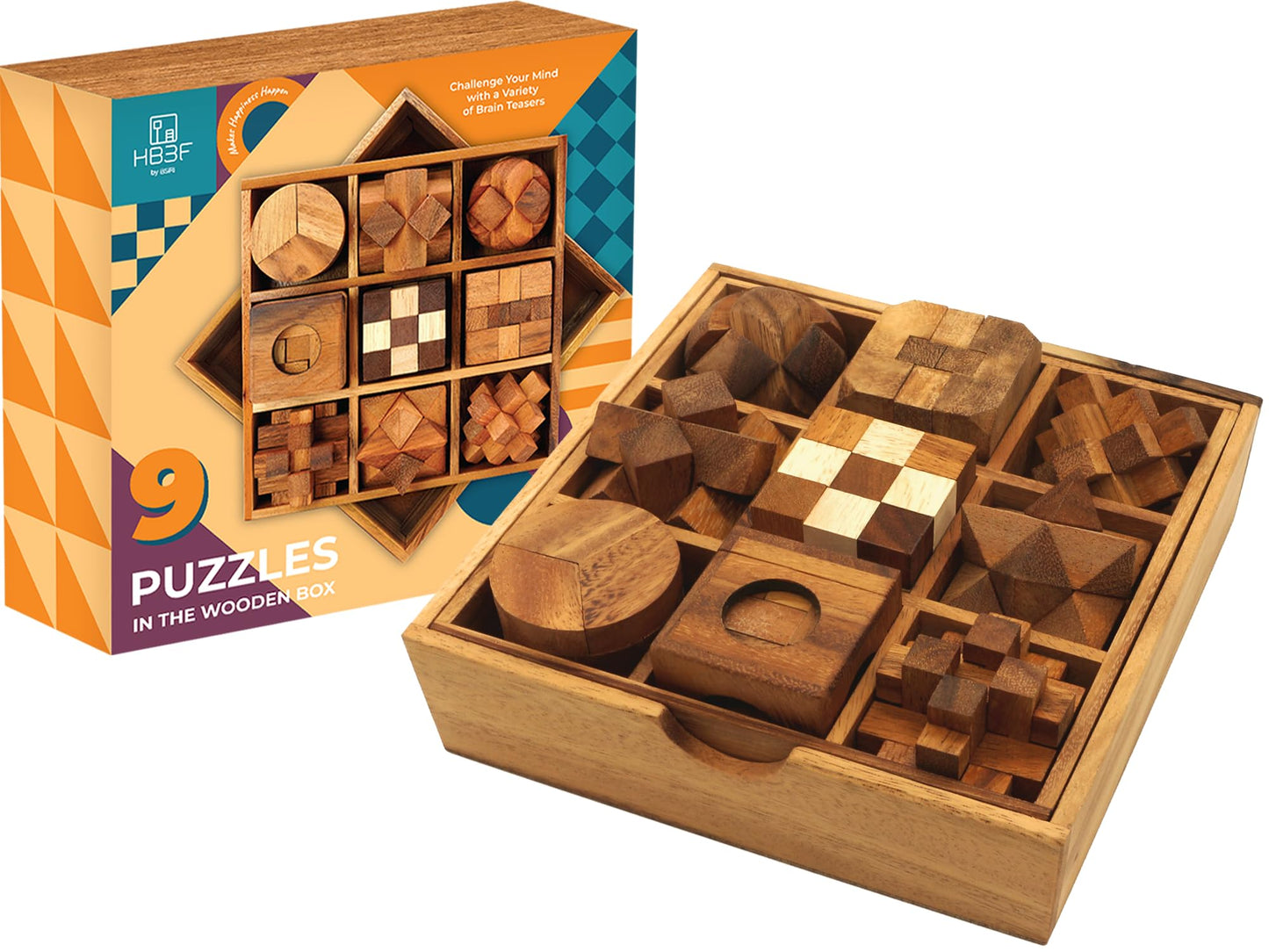BSIRI 9 in 1 Wooden Brain Teaser Puzzles — 3D Mind Games for Adults & Teens