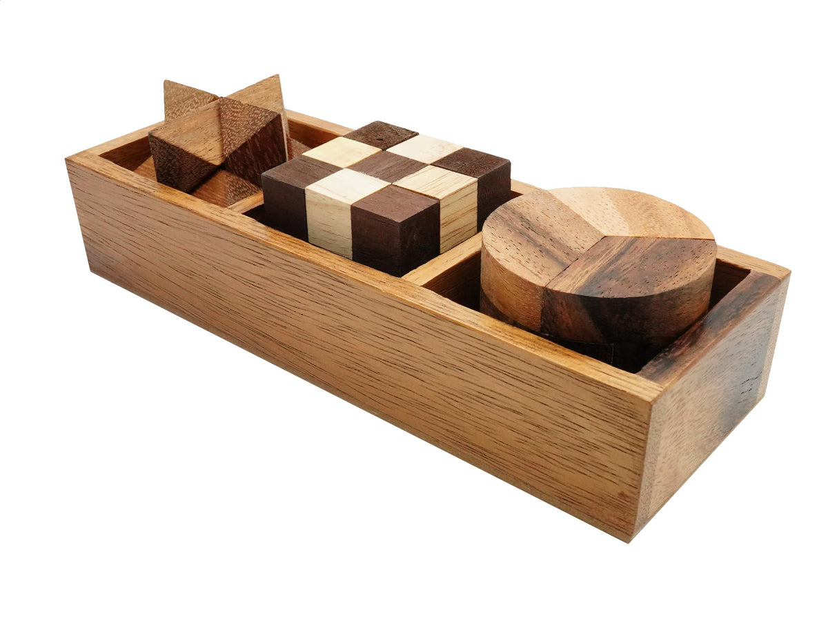 BSIRI 3 Puzzles in a Box – Wooden Brain Teasers for Adults, Seniors, Teens | 3D Mind Puzzles, Gift & Decor