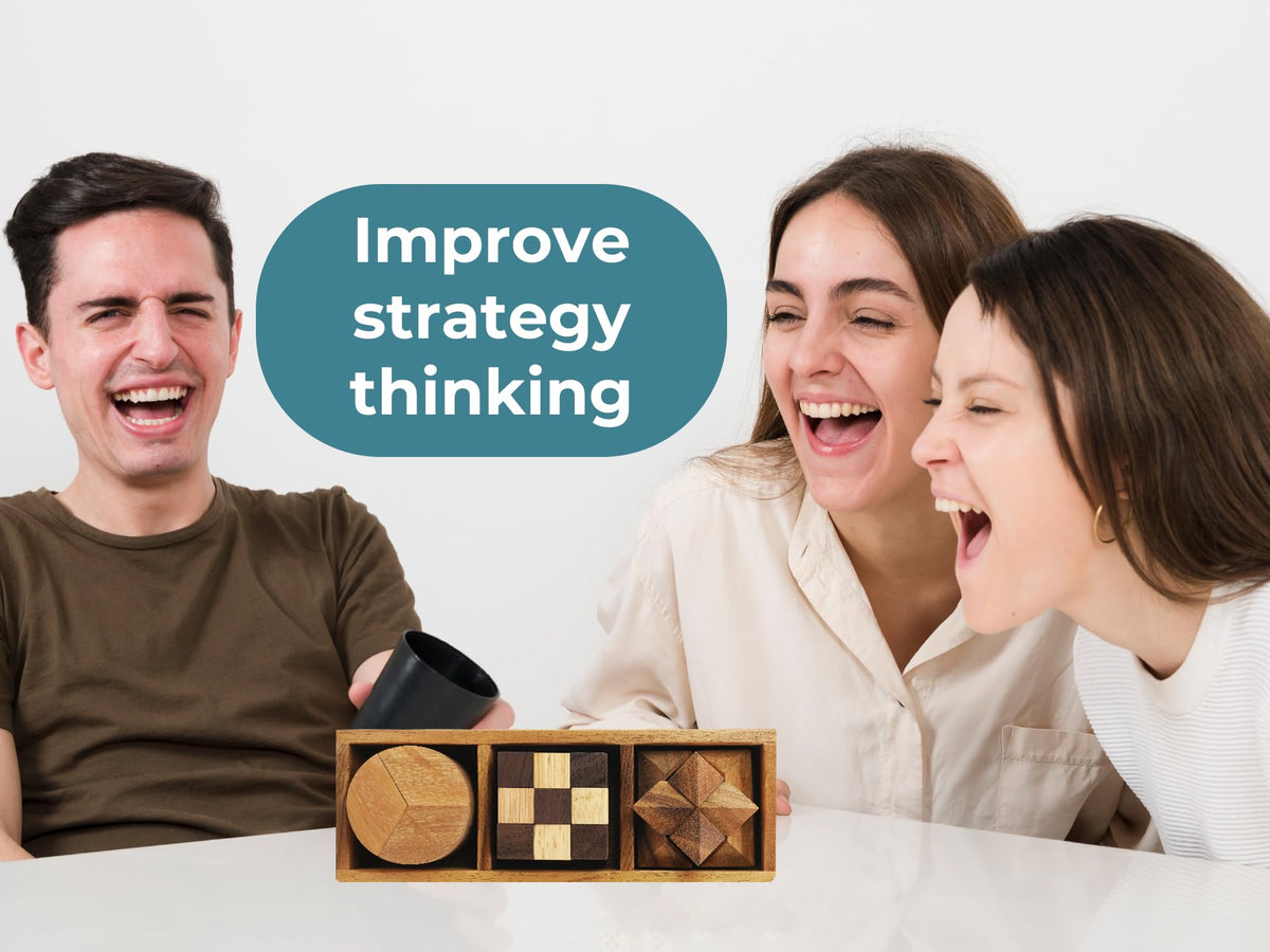 BSIRI 3 Puzzles in a Box – Wooden Brain Teasers for Adults, Seniors, Teens | 3D Mind Puzzles, Gift & Decor