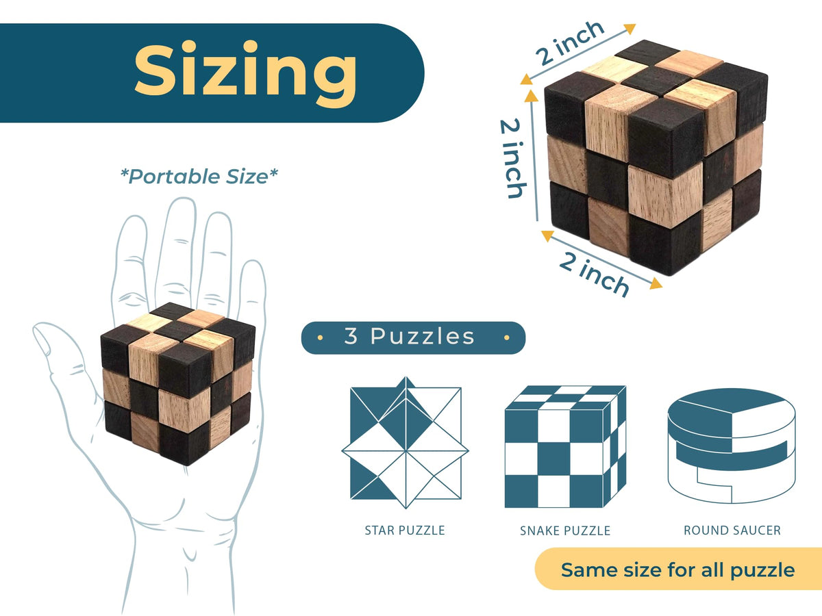 BSIRI 3 Puzzles in a Box – Wooden Brain Teasers for Adults, Seniors, Teens | 3D Mind Puzzles, Gift & Decor