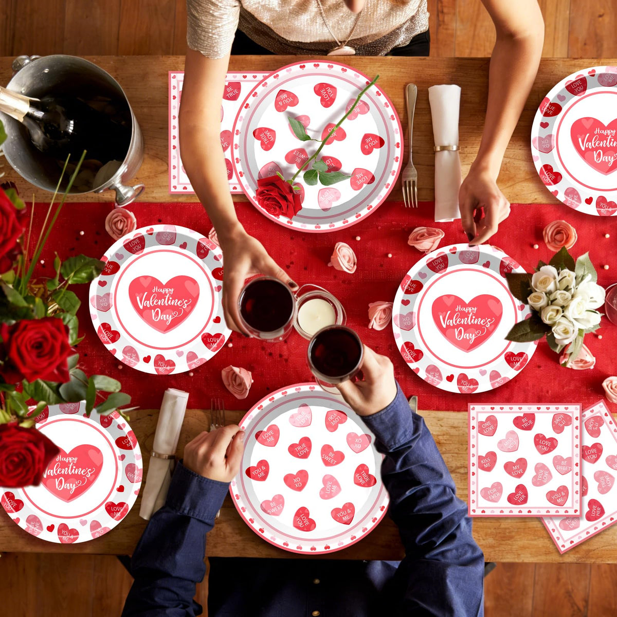 BSOMAM 96Pcs Valentines Day Plates & Napkins Set – Red Heart Love Theme, Serves 24