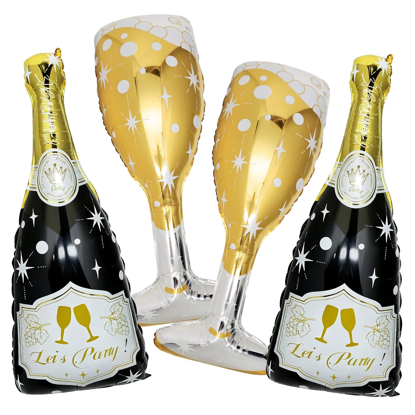 BSRESIN 4-Pack Black Gold Champagne Balloons – Bottle & Goblet Foil Decor