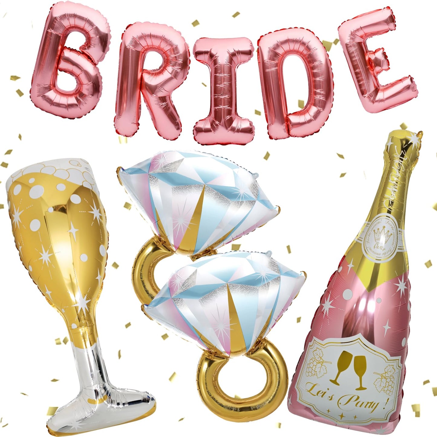 BSRESIN 9 Pcs Rose Gold Bride Balloons – BRIDE Letter, Champagne & Goblet Foil Decor