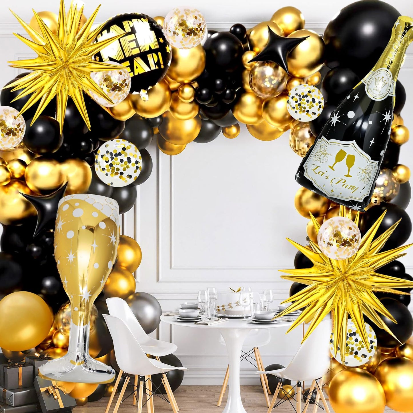 BSRESIN 4-Pack Black Gold Champagne Balloons – Bottle & Goblet Foil Decor