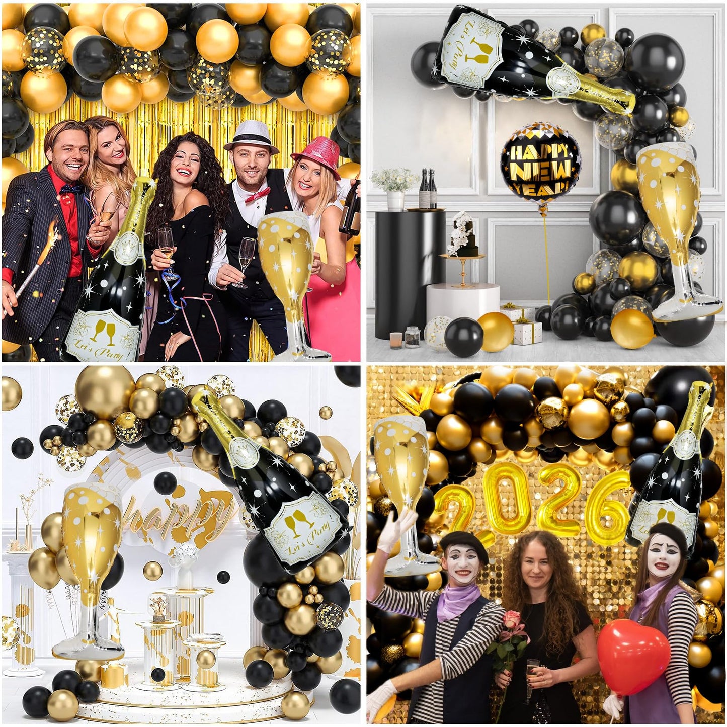 BSRESIN 4-Pack Black Gold Champagne Balloons – Bottle & Goblet Foil Decor