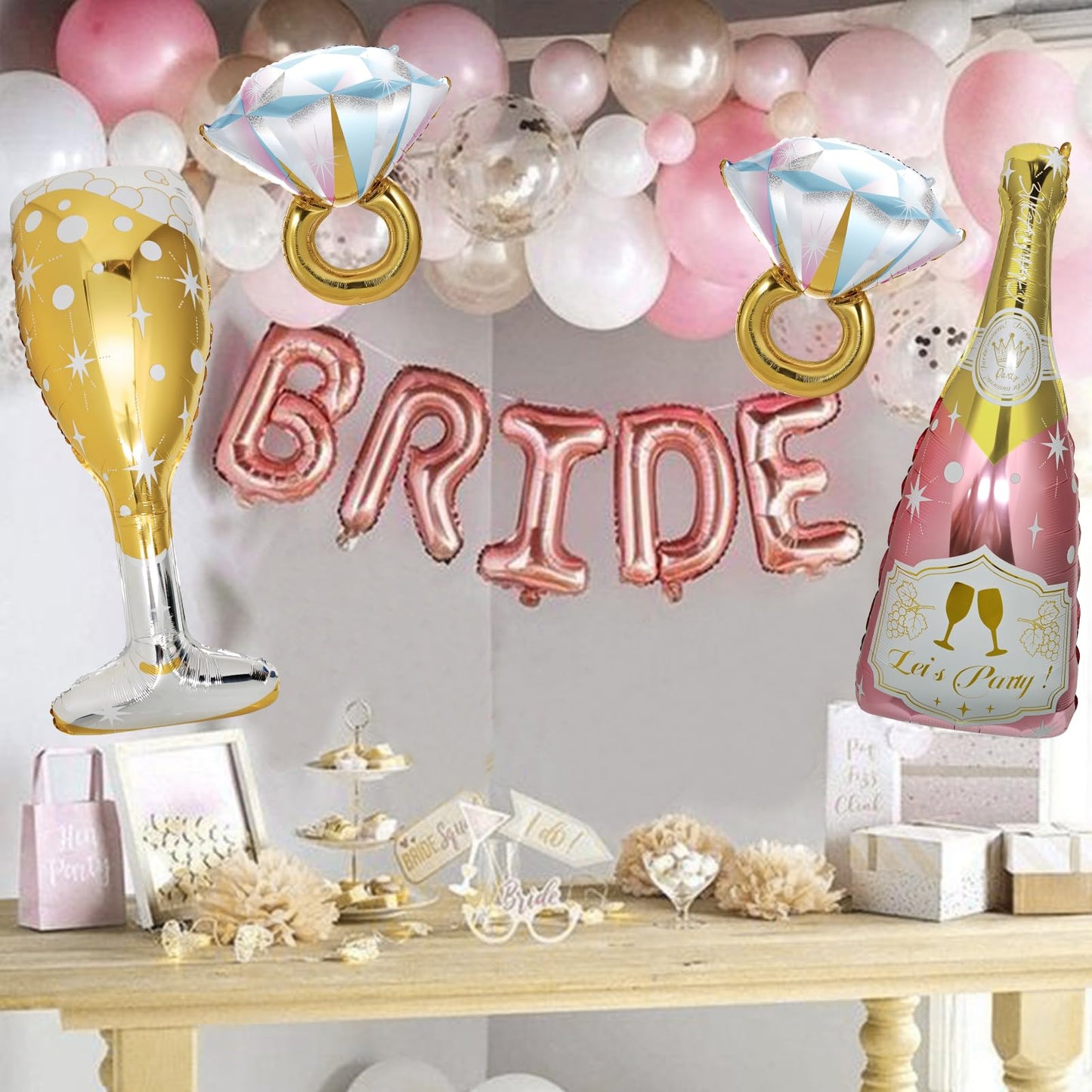 BSRESIN 4 Pcs Rose Gold Bachelorette Balloons: Champagne Bottle, Goblet & Ring Foil Set