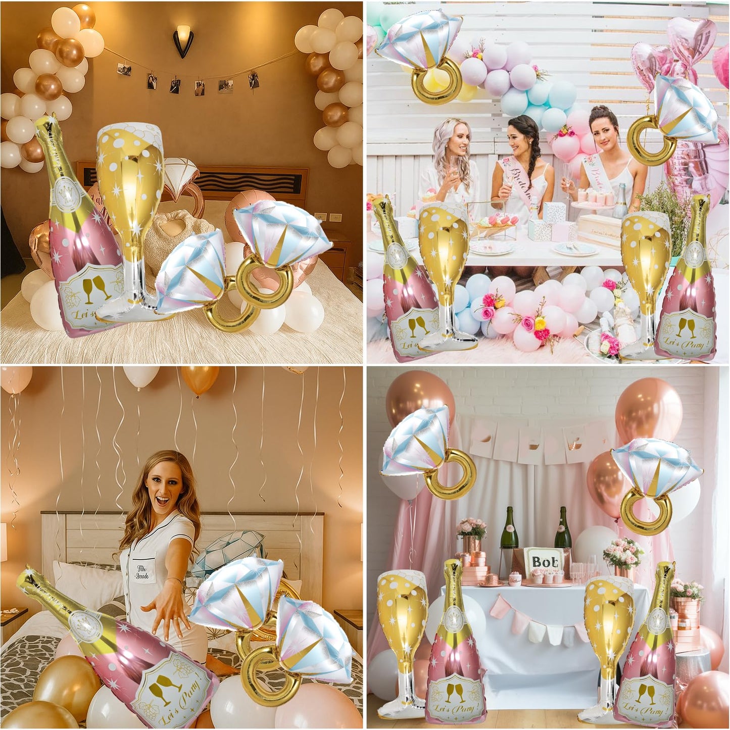 BSRESIN 4 Pcs Rose Gold Bachelorette Balloons: Champagne Bottle, Goblet & Ring Foil Set