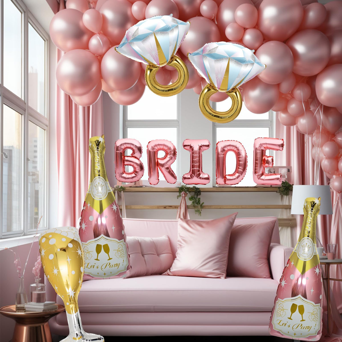 BSRESIN 4 Pcs Rose Gold Bachelorette Balloons: Champagne Bottle, Goblet & Ring Foil Set