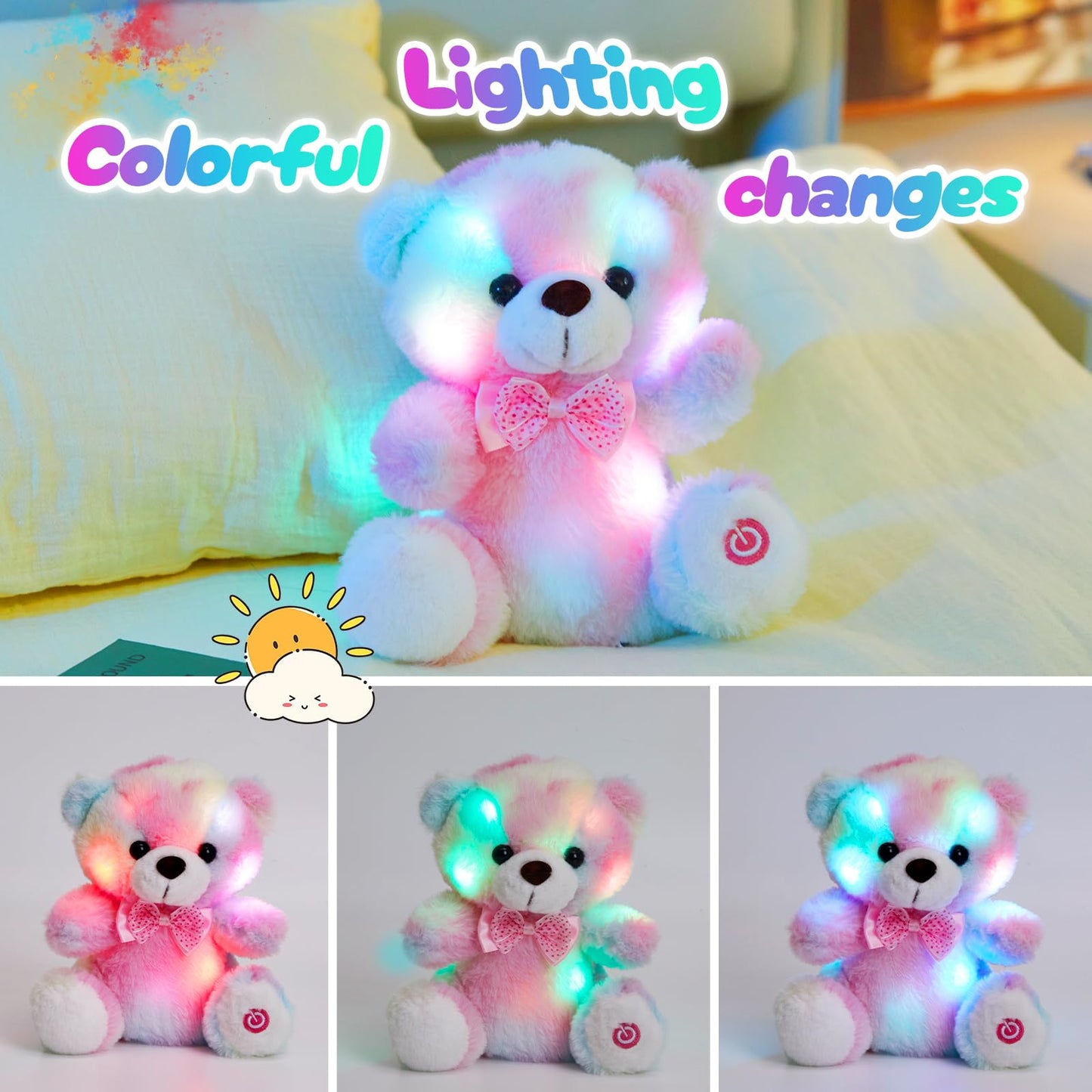 BSTAOFY Rainbow Teddy Bear LED Nightlight Plush – 8 Inch Soft Glow Gift for Kids