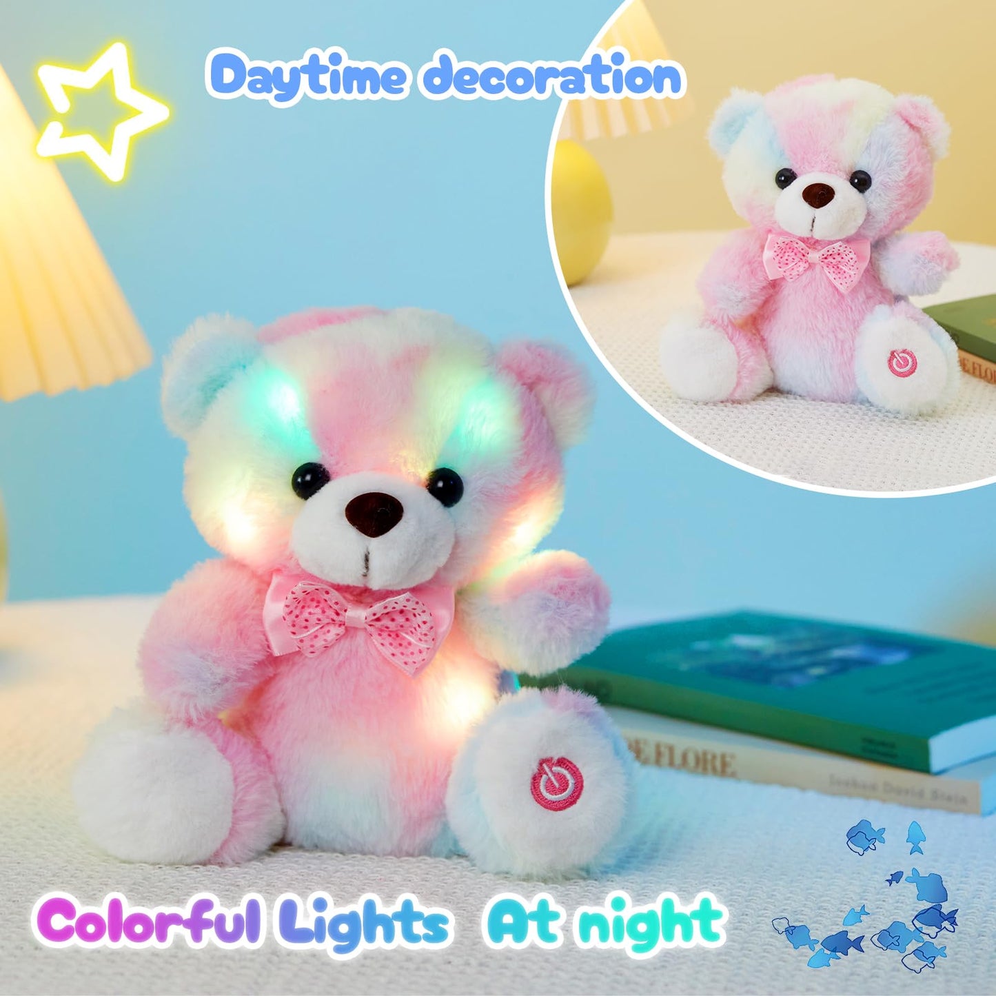 BSTAOFY Rainbow Teddy Bear LED Nightlight Plush – 8 Inch Soft Glow Gift for Kids