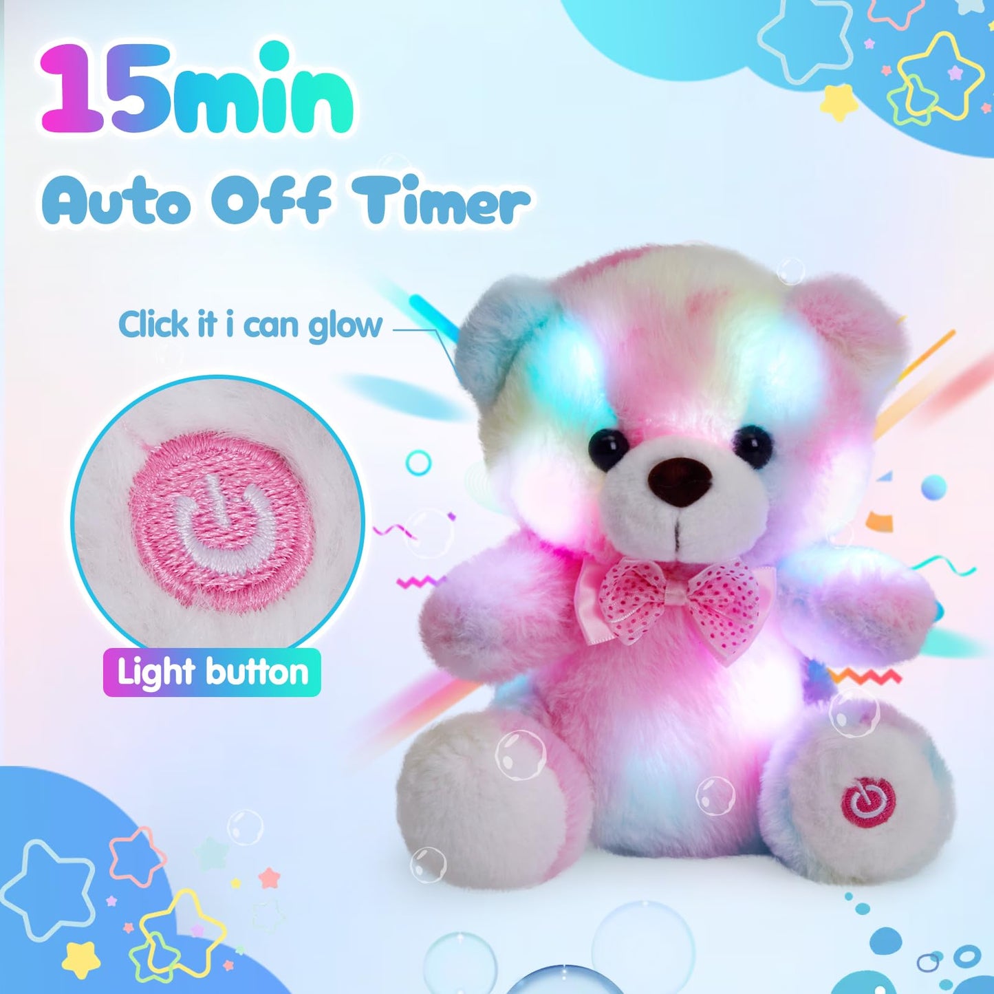 BSTAOFY Rainbow Teddy Bear LED Nightlight Plush – 8 Inch Soft Glow Gift for Kids
