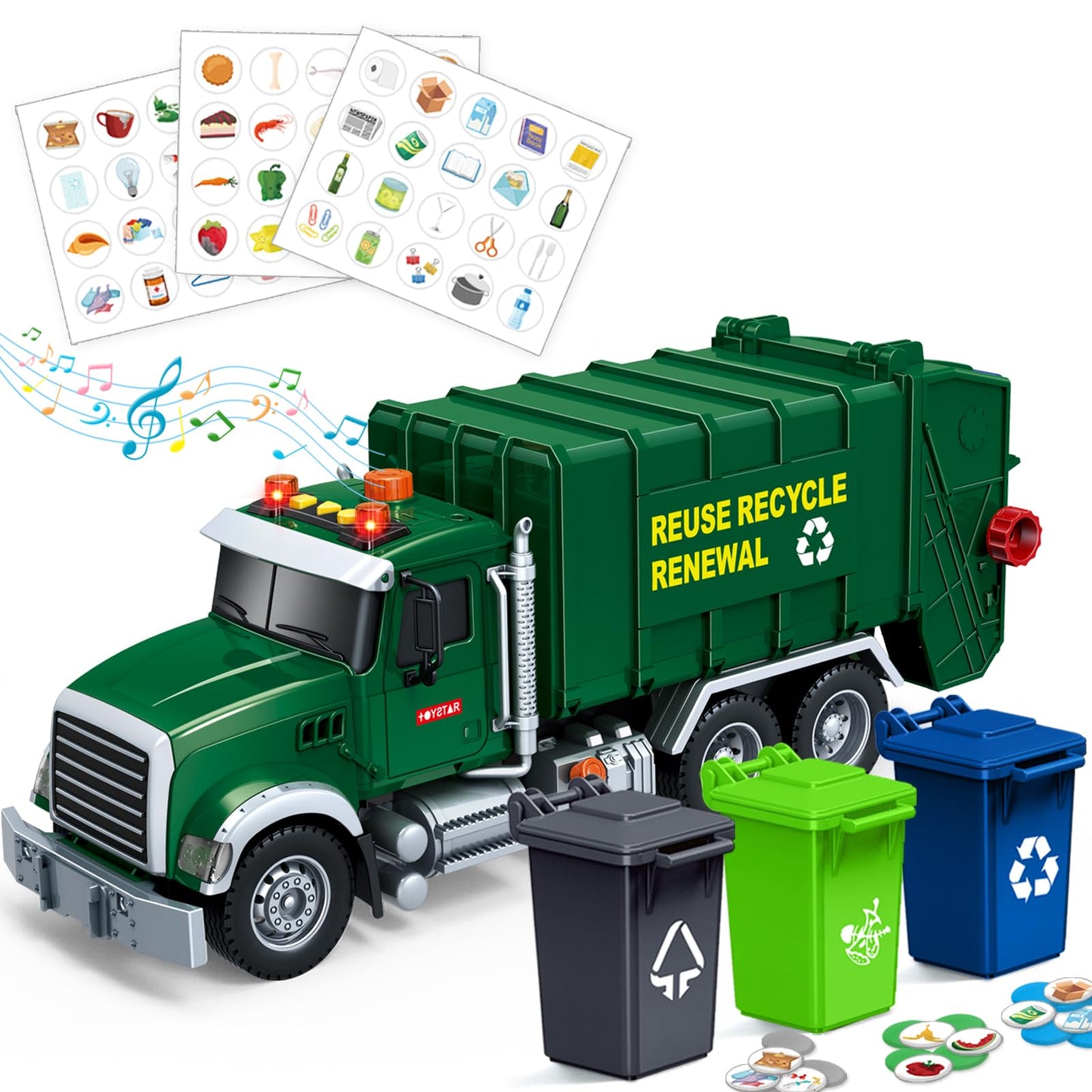 Bstoyder 15-Inch Friction Garbage Truck Toy with Lights & 3 Bins