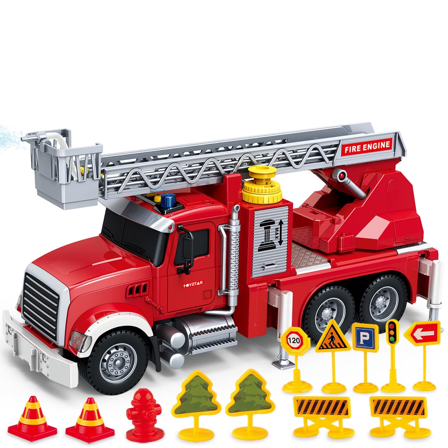 Bstoyder 15-Inch Friction Fire Truck Toy with Water Pump, Lights & Sirens